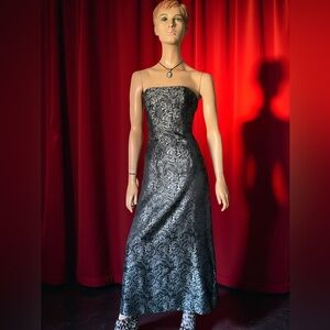 VINTAGE JESSICA McCLINTOCK BLUE GRAY BROCADE STRAPLESS EVENING GOWN DRESS SZ 2